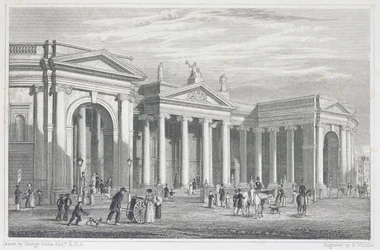 Südportikus der Bank von Irland, Dublin, ursprünglich das Parlamentsgebäude, graviert von B. Winkles
